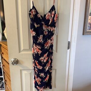Lulu’s Springtime Bliss Navy Blue Floral Print Mesh Bodycon Mini Dress